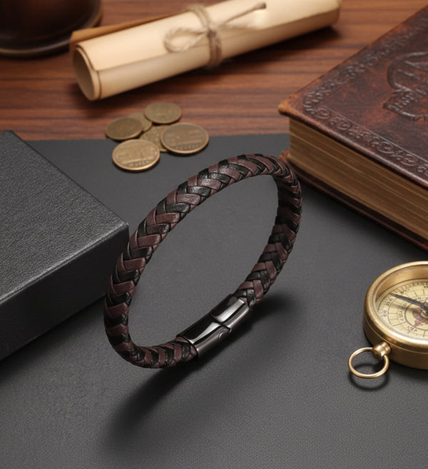 Leren armband gevlochten Bruin-Zwart | Schuifsluiting
