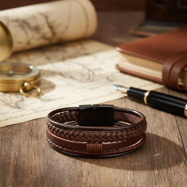 Gevlochten Lederen Multilayer Armband Bruin | Schuifsluiting