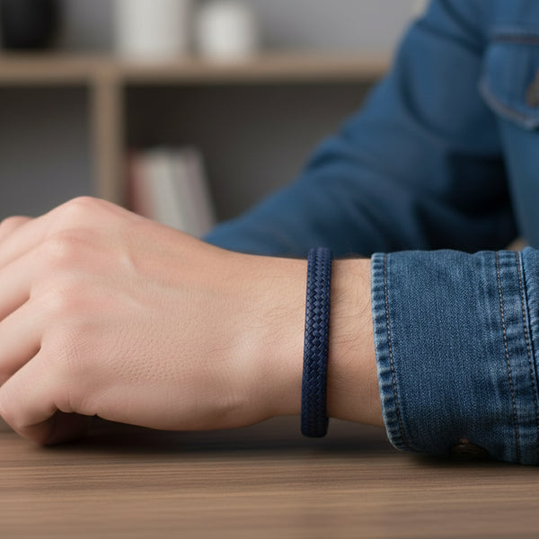 Leren armband gevlochten Blauw | Schuifsluiting