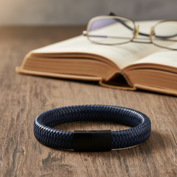 Leren armband gevlochten Blauw | Schuifsluiting