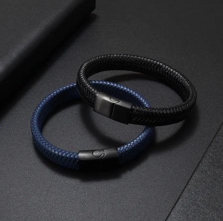 Leren armband gevlochten Blauw | Schuifsluiting