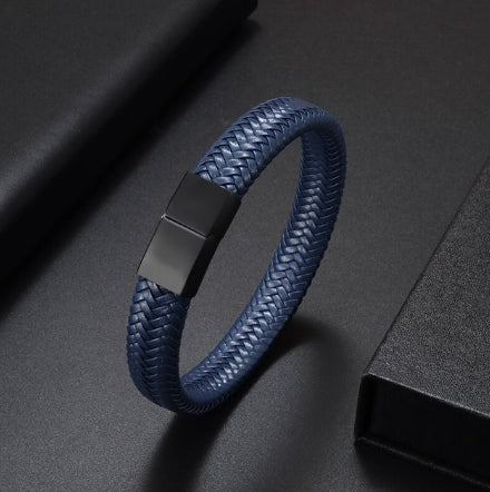 Leren armband gevlochten Blauw | Schuifsluiting